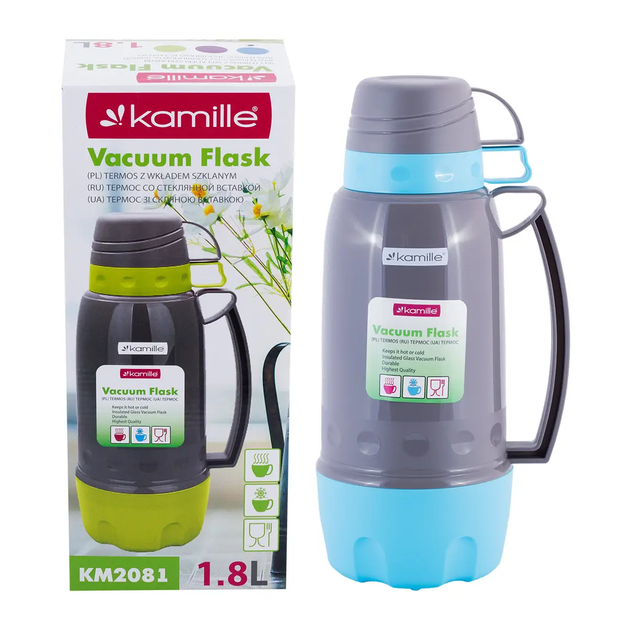 Термос Kamille KM-2081 1800 мл пластиковий зі скляною колбою та кришкою-чашкою блакитний - зображення 5