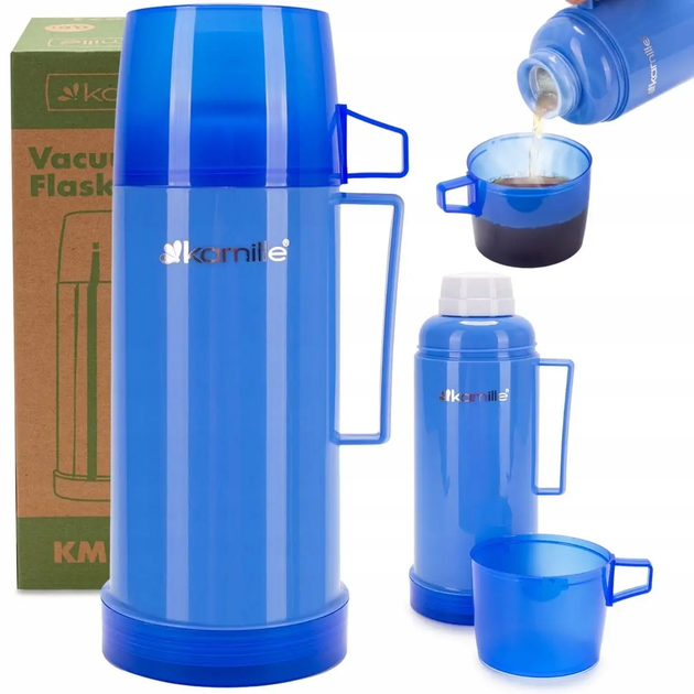 Термос Kamille KM-2071 600 мл пластиковий зі скляною колбою та кришкою-чашкою синій - зображення 4