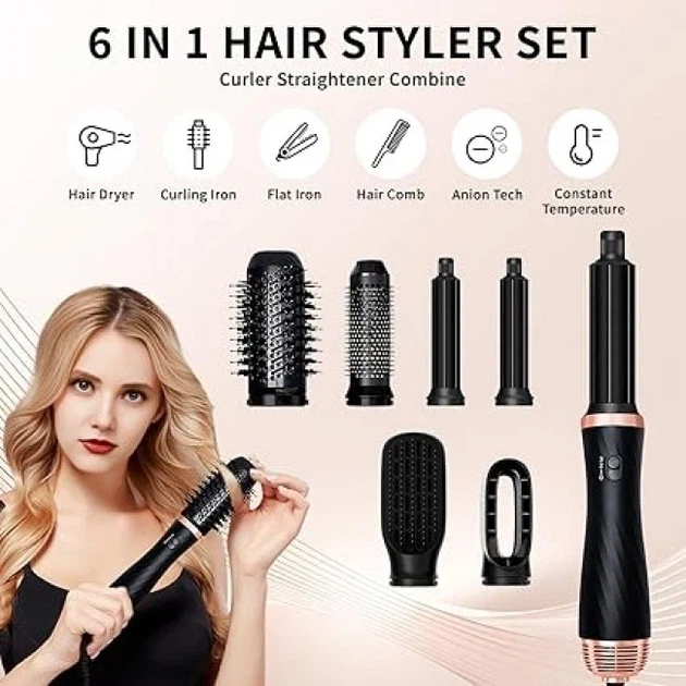 Фен-щетка Airstyler WT-623 6 в 1, 1000 Вт, мультистайлер для укладки волос с 6 насадками, керамика турмалин, ионизация - изображение 3