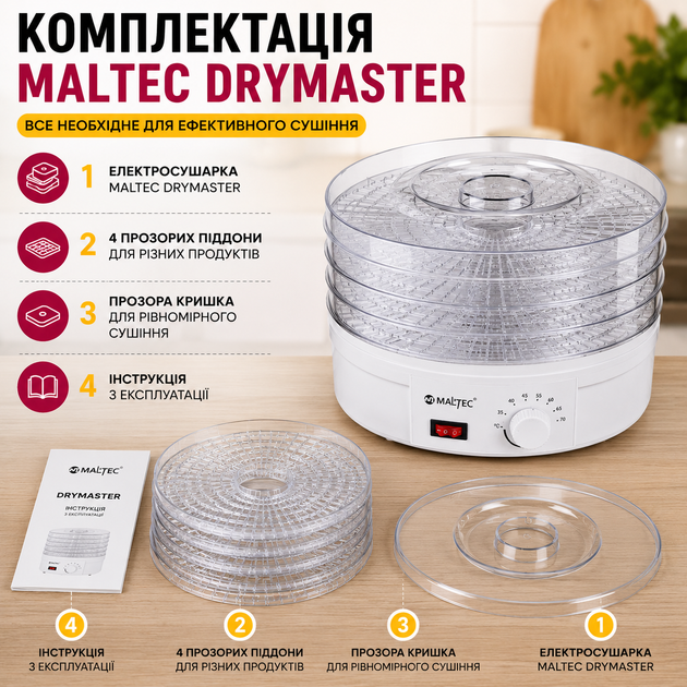 Сушка для фруктов и овощей MalTec DryMaster 500 Вт электросушилка дегидратор для мяса грибов ягод 4 яруса пищевая сушилка с регулировкой температуры - Фото 2 Сушка для фруктов и овощей MalTec DryMaster 500 Вт электросушилка дегидратор для мяса грибов ягод 4 яруса пищевая сушилка с регулировкой температуры - изображение 2