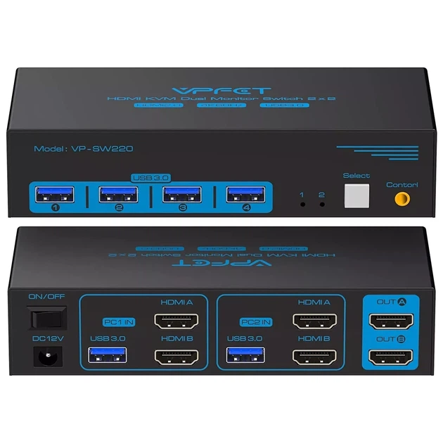 KVM-перемикач Vpfet VP-SW220 HDMI Dual Monitor 2 порти 4K 60Hz USB 3.0 чорний - Фото 1 KVM-перемикач Vpfet VP-SW220 HDMI Dual Monitor 2 порти 4K 60Hz USB 3.0 чорний - зображення 1