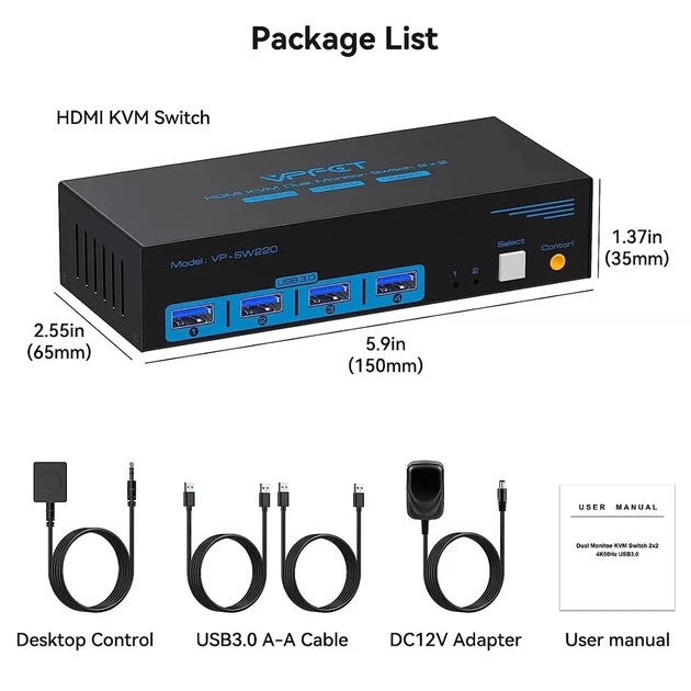 KVM-перемикач Vpfet VP-SW220 HDMI Dual Monitor 2 порти 4K 60Hz USB 3.0 чорний - Фото 2 KVM-перемикач Vpfet VP-SW220 HDMI Dual Monitor 2 порти 4K 60Hz USB 3.0 чорний - зображення 2