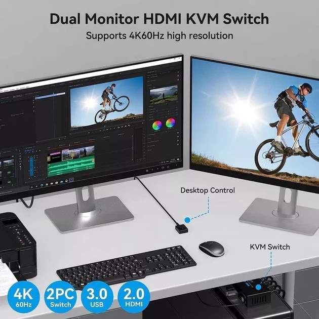 KVM-перемикач Vpfet VP-SW220 HDMI Dual Monitor 2 порти 4K 60Hz USB 3.0 чорний - Фото 7 KVM-перемикач Vpfet VP-SW220 HDMI Dual Monitor 2 порти 4K 60Hz USB 3.0 чорний - зображення 7