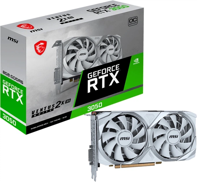 Відеокарта MSI PCI-Ex GeForce RTX 3050 Ventus 2X XS White 8G OC 8GB GDDR6 (128bit) (1807/14000) (HDMI, DisplayPort, DL-DVI-D) (RTX 3050 VENTUS 2X XS WHITE 8G OC) - Фото 2 Відеокарта MSI PCI-Ex GeForce RTX 3050 Ventus 2X XS White 8G OC 8GB GDDR6 (128bit) (1807/14000) (HDMI, DisplayPort, DL-DVI-D) (RTX 3050 VENTUS 2X XS WHITE 8G OC) - изображение 2