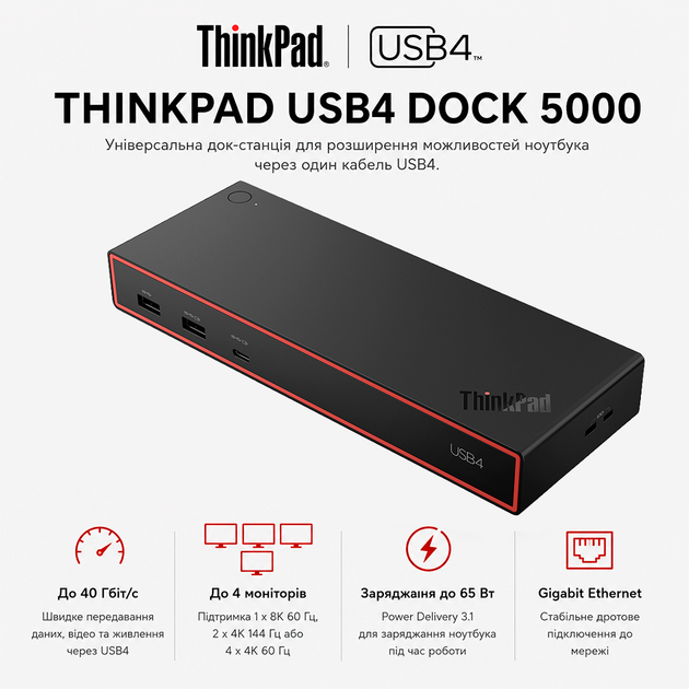 Док-станція Lenovo ThinkPad USB4 Dock 5000 4xUSB 3.2 2xDP 1xHDMI GbE Black (40BF0100EU) - зображення 2