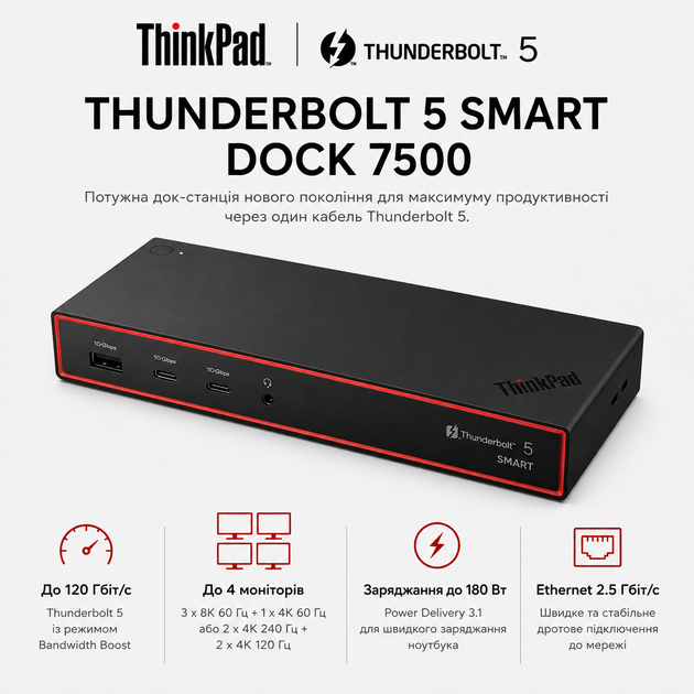 Док-станція Lenovo ThinkPad Thunderbolt 5 Smart Dock 7500 3xUSB 3.2 2xDP 1xHDMI 2.5 GbE AUX Black (40BA0265EU) - зображення 2
