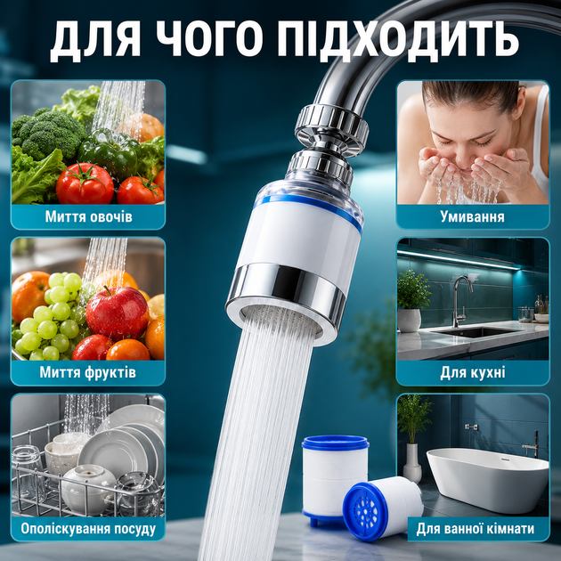Фильтр-насадка на кран для очистки воды с 2 картриджами, проточный поворотный фильтр-аэратор для кухни, ванной и дачи - изображение 4