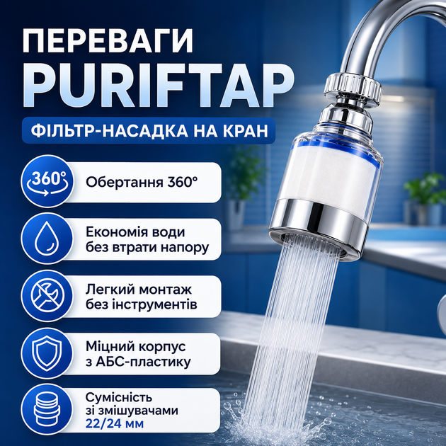 Проточный фильтр-насадка на кран PurifTap с 3 картриджами, поворотный фильтр-аэратор 360° для очистки воды на кухню, ванную и дачу - изображение 2