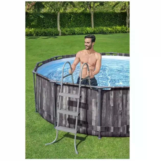 Каркасный бассейн Bestway 5614X-4в1 Серый круглый на 9150л из ПВХ и стали 366 х 100 см с лестницей тентом и подстилкой (9-163-5614X-4 BW) - изображение 4