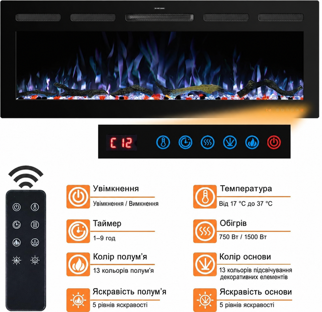 Электрокамин с обогревом Royal Crystal 72 R PRO с Wi-Fi управлением, обогревом, россыпными дровами, кристаллами, цветами пламени и подсветкой наполнения, размер 1829x450x140 (EF72RPRO) - изображение 5