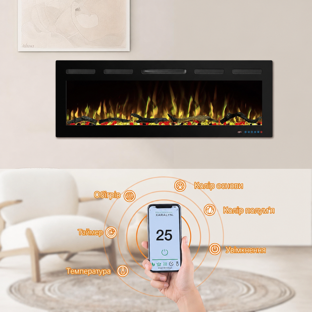 Электрокамин с обогревом Royal Crystal 72 R PRO с Wi-Fi управлением, обогревом, россыпными дровами, кристаллами, цветами пламени и подсветкой наполнения, размер 1829x450x140 (EF72RPRO) - изображение 4