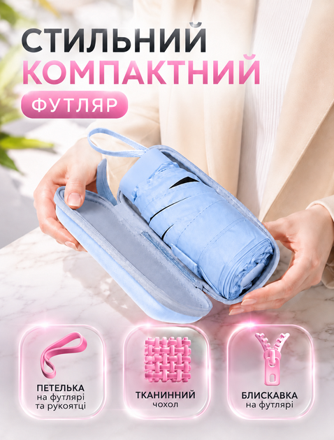 Кишенькова складна блакитна парасолька для дощу та сонця з вітрозахисним каркасом із нержавіючої сталі ручне відкривання з кнопкою 15 см у складеному 90×53 см у розкладеному - зображення 5