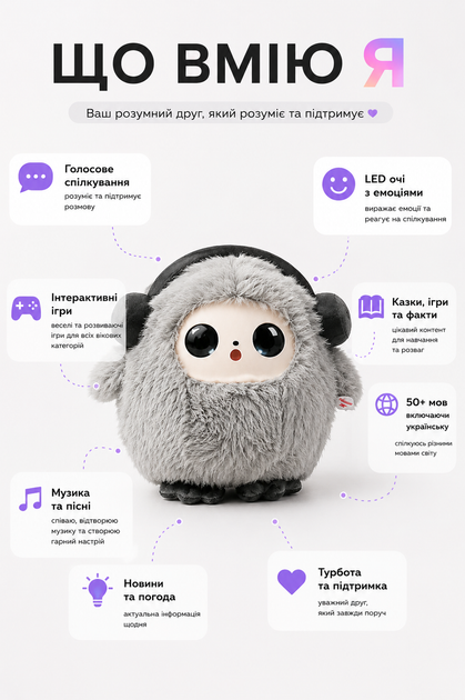 Игрушка с искусственным интеллектом HOLLY AI H-21036 с голосовым общением на украинском, Wi-Fi и LED глазами, серая - изображение 2