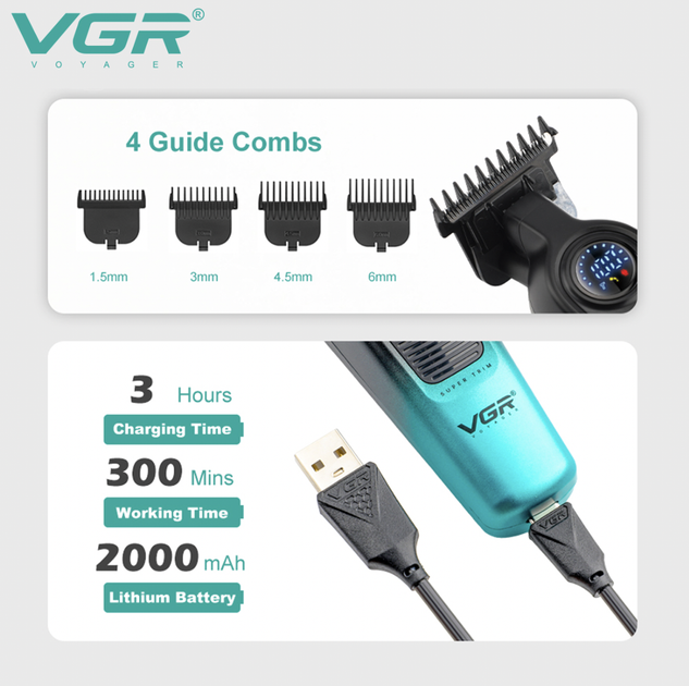 Машинка для стриження VGR V-996 акумуляторний Тример 2000 mAh з дисплеєм - зображення 2
