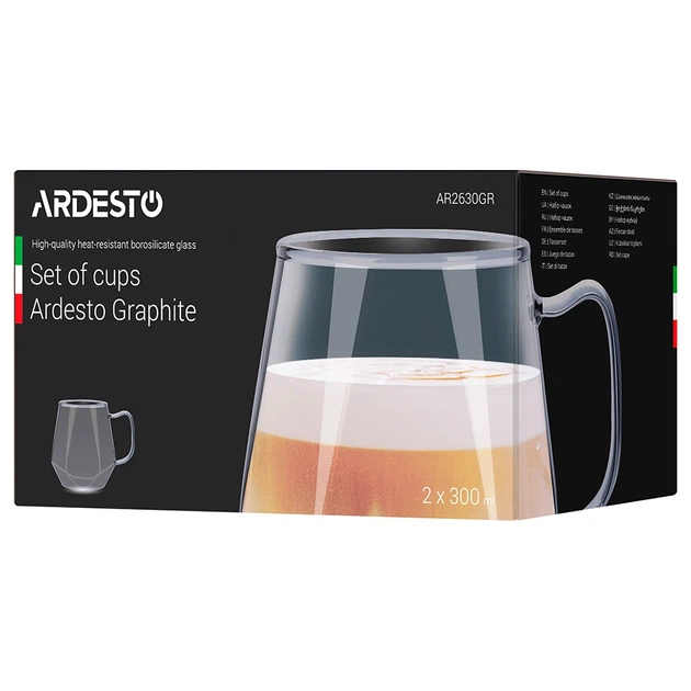 Набір чашок Ardesto Graphite, 300мл, 2шт, боросилікатне скло, сірий (AR2630GR) - Фото 2 Набір чашок Ardesto Graphite, 300мл, 2шт, боросилікатне скло, сірий (AR2630GR) - зображення 2