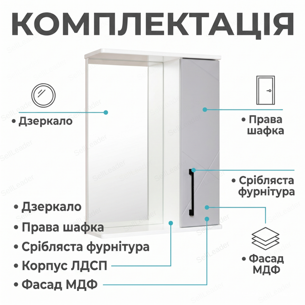Зеркальный шкаф Велла 55х72х18см для ванной косметики правое открывание настенный зеркало с полкой серый - Фото 9 Зеркальный шкаф Велла 55х72х18см для ванной косметики правое открывание настенный зеркало с полкой серый - изображение 9