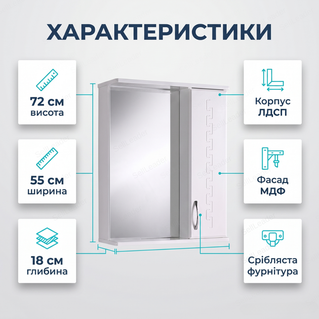 Зеркальный шкаф Алекса 55х18х72см для ванной косметики правое открывание настенный зеркало с полкой белый - изображение 3