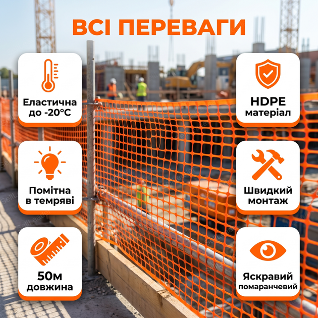 Сигнальная сетка Мастер 1×50м ячейка 90х45мм аварийная для ограждения стройплощадки барьерная оранжевая - Фото 7 Сигнальная сетка Мастер 1×50м ячейка 90х45мм аварийная для ограждения стройплощадки барьерная оранжевая - изображение 7