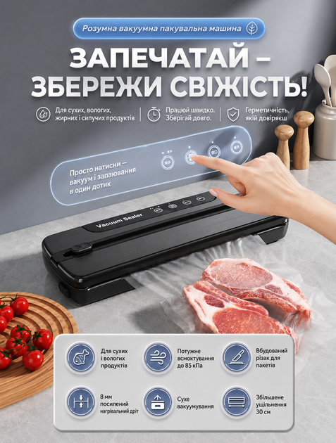 Автоматичний вакууматор для продуктів з технологією су-вид і 2 режимами 60–85 кПа ширина запайки 30 см 110 Вт - зображення 13