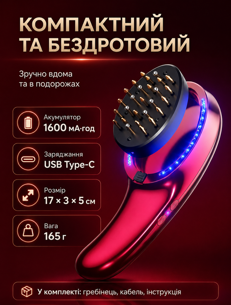 Массажер для кожи головы виброгребень с красным и синим светом и аппликатором для нанесения масел - изображение 4