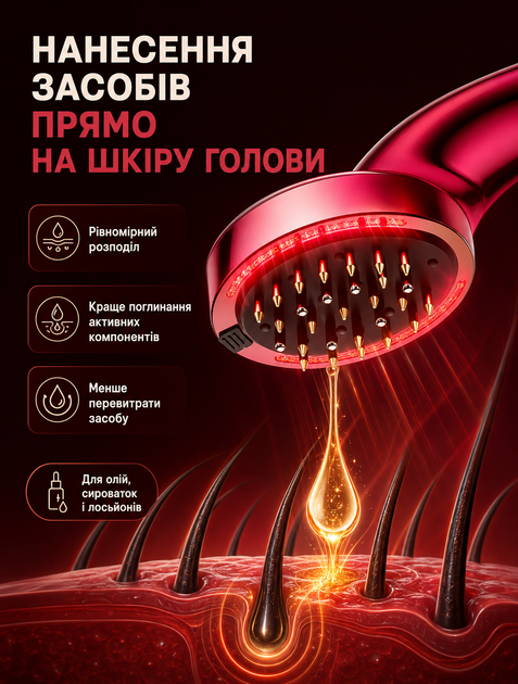 Массажер для кожи головы виброгребень с красным и синим светом и аппликатором для нанесения масел - изображение 7