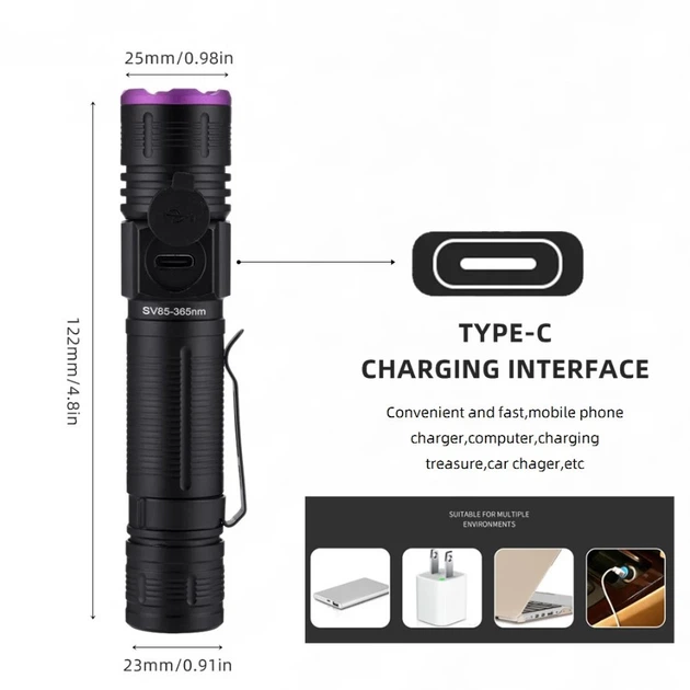 Ультрафиолетовый фонарик - детектор AloneFire SV85, 365nm, 5W с зумом / линзой / аккумулятором 18650 и кабелем T-C - изображение 6