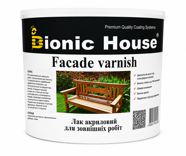 Лак для зовнішніх робіт по дереву Facade Varnish Bionic-House, Безбарвний, Напівматовий, 0,8 л - Фото 1 Лак для зовнішніх робіт по дереву Facade Varnish Bionic-House, Безбарвний, Напівматовий, 0,8 л - изображение 1