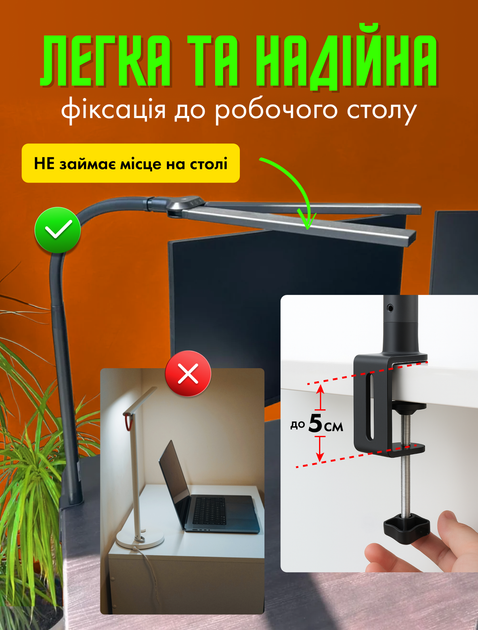 Настільна безтіньова лампа для комп'ютера монітора офісна трансформер світлодіодна led десктоп лампа скрінбар для робочого стола з пультом ДУ регулюванням температури світла і яскравості (2LED-24W) - зображення 8