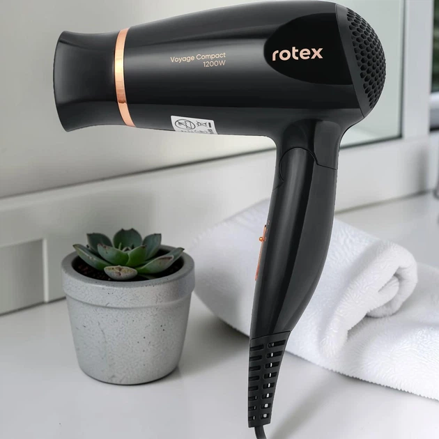 Фен ROTEX RFF-B Voyage Compact з концентратором 1200 Вт 2 швидкості складна ручка чорний (ZZI) - Фото 3 Фен ROTEX RFF-B Voyage Compact з концентратором 1200 Вт 2 швидкості складна ручка чорний (ZZI) - зображення 3