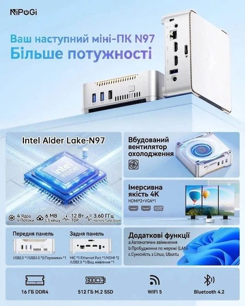Мини ПК NiPoGi GK3 Plus / Intel Alder Lake-N97 / RAM 16GB / SSD 1TB / Intel UHD Graphics / 2 x HDMI / 1 x LAN / Wi-Fi 5 / Bluetooth 4.2 / Windows 11 Pro / Серый (102125233) - Уценка - изображение 2