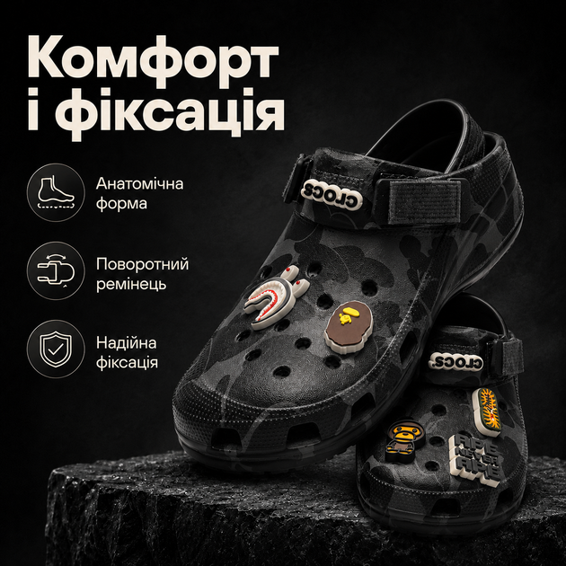 Крокси Crocs Bape чорні унісекс 37-38 на стопу 23 см гумові сабо з ремінцем, вентиляційними отворами та джибітсами - зображення 4