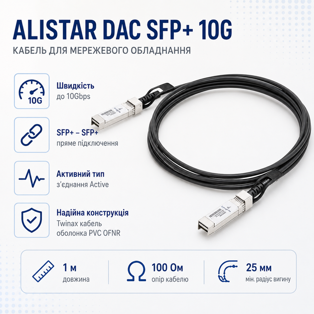 Кабель прямого подключения Alistar DAC SFP+ 10G 30AWG Twinax 1м - изображение 2