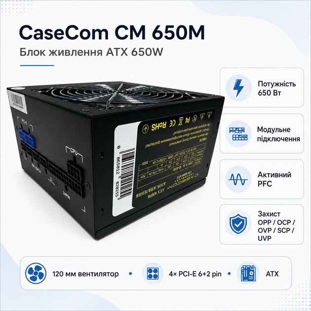 Блок живлення CaseCom CM-650M ATX 650 Вт з вентилятором 120 мм Black - зображення 2