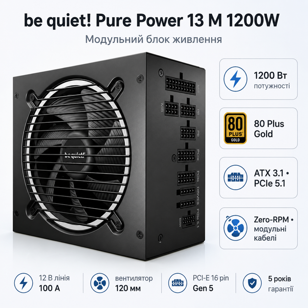 Блок живлення be quiet! Pure Power 13 M 1200W 80 Plus Gold вентилятор 120 мм Black (BP029EU) - зображення 2