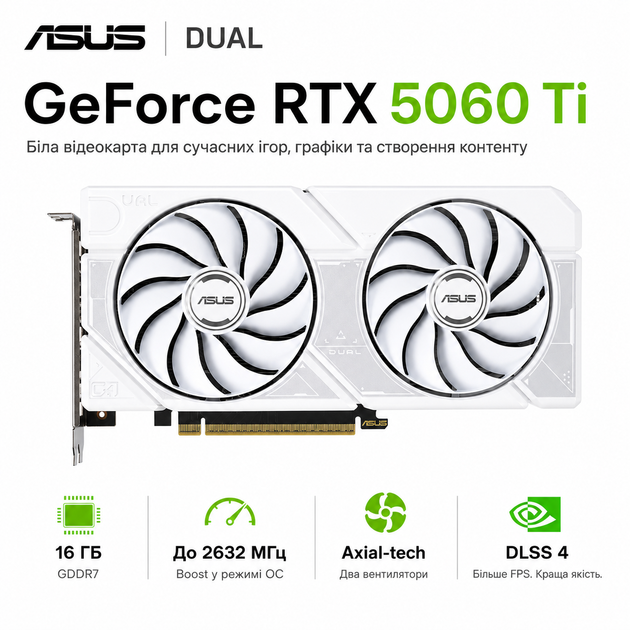 Видеокарта Asus Dual GeForce RTX 5060 Ti OC Edition 16GB GDDR7 28000 MHz 2632 MHz White (DUAL-RTX5060TI-O16G-WHITE) - изображение 2