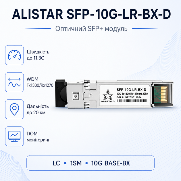Модуль ALISTAR SFP-10G-LR-BX-D для коммутаторов SFP+ 10G BASE-BX 1SM WDM LC 20KM TX1330/RX1270nm - изображение 2
