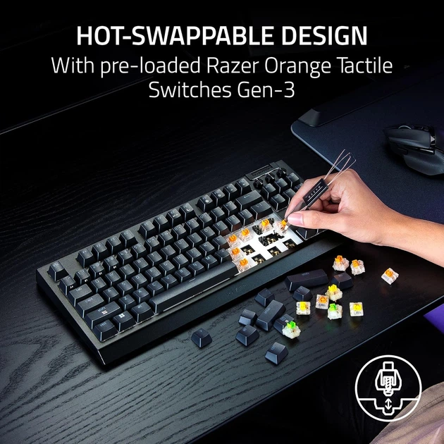 Razer Клавіатура механічна Razer BlackWidow V4 TKL HyperSpeed, 87key, Orange Switch Gen-3, USB-A/WL/BT, EN, RGB, чорний - изображение 3