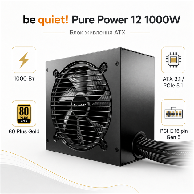 Блок живлення be quiet! Pure Power 12 1000W 80 Plus Gold вентилятор 120 мм Black (BP005EU) - зображення 2