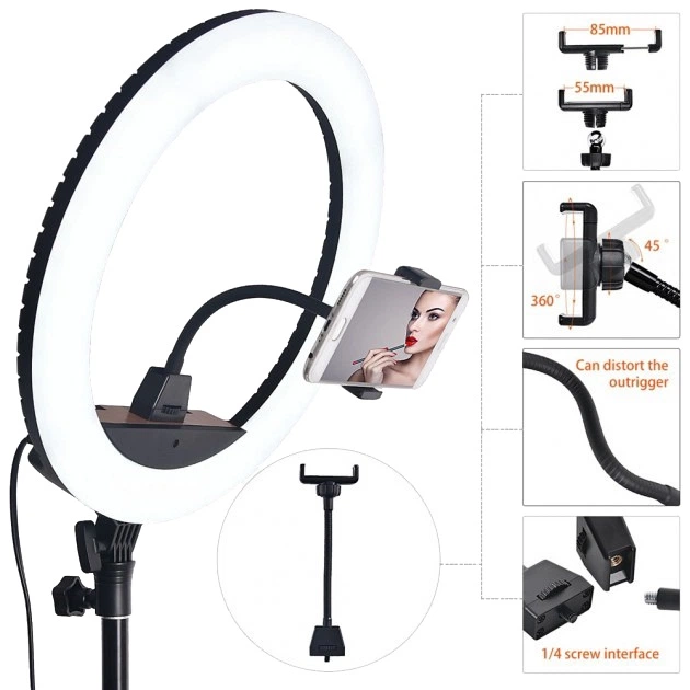 Кільцева LED-лампа світлодіодна Ring Light ZB-R14 з тримачем для телефона селфі кільце блогера 35 см 36 Вт + штатив 2 м - зображення 3