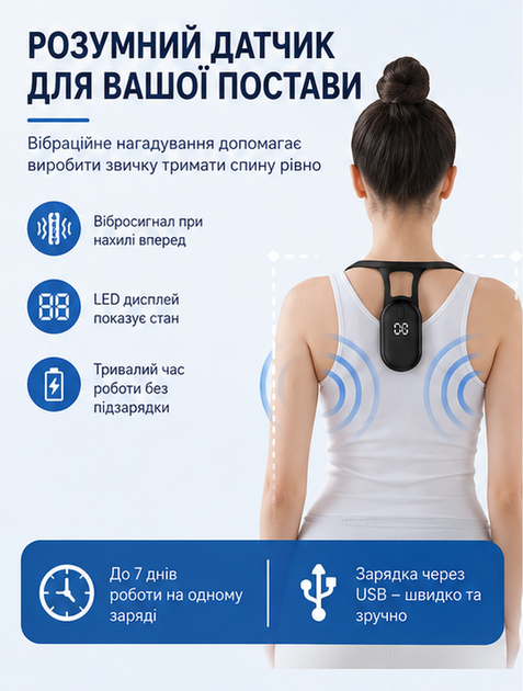 Корректор осанки умный вибрационный Ortop Smart с датчиком от сутулости USB Черный - изображение 3
