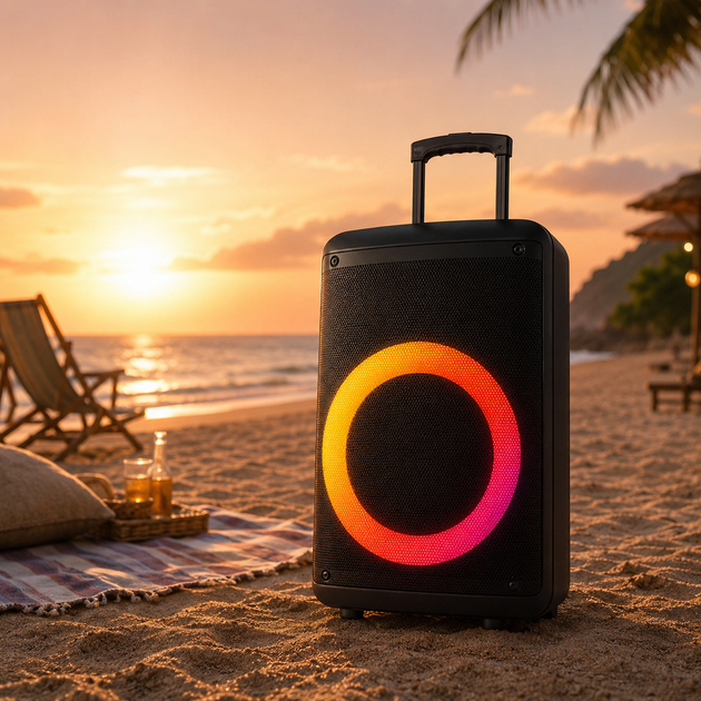 Портативная акустика ZXX-7878 / Аккумуляторная колонка с Bluetooth, TWS, FM, USB, SD, RGB-подсветкой / Караоке колонка-чемодан с 2 микрофонами и пультом ДУ - зображення 2