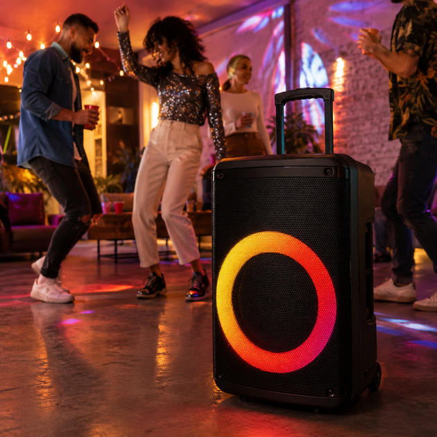 Портативная акустика ZXX-7878 / Аккумуляторная колонка с Bluetooth, TWS, FM, USB, SD, RGB-подсветкой / Караоке колонка-чемодан с 2 микрофонами и пультом ДУ - зображення 3