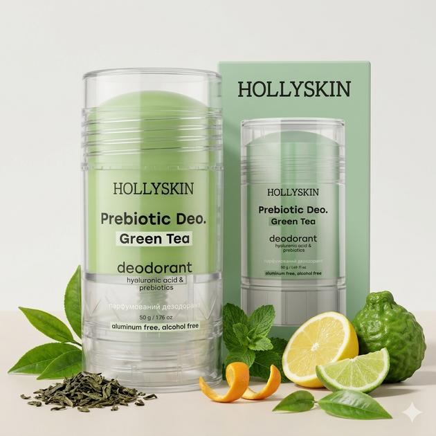 Парфумований дезодорант з гіалуроновою кислотою і пребіотиками HOLLYSKIN Prebiotic Deo. Green Tea 50 г - зображення 3