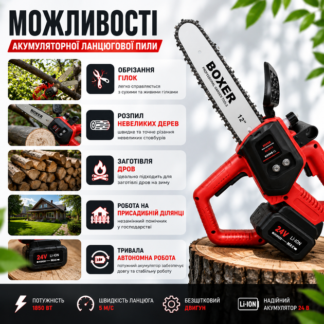 Акумуляторна ланцюгова пила 12" (30 см) 24 В - зображення 7