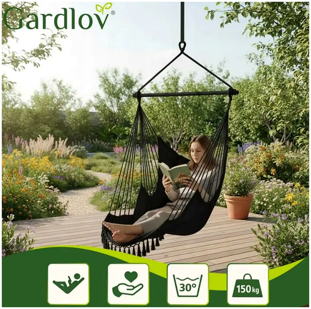 Подвесное кресло 2в1 до 150 кг для дома и сада 2 подушки черное GARDLOV KT3380 - изображение 7