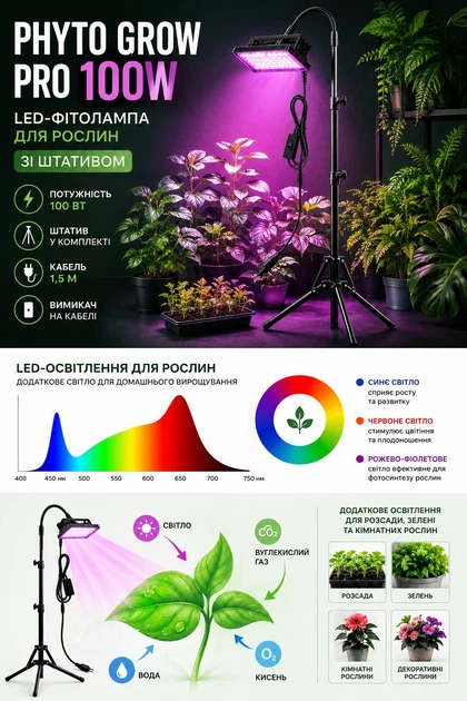 LED-фітолампа для рослин PHYTO GROW PRO 100 Вт зі штативом рожево-фіолетове світло кабель 1,5 м - зображення 3