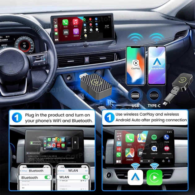 Беспроводной адаптер NEOVSUNY U2C-AIR 2.0, 2-в-1 для Apple CarPlay и Android Auto, быстрое подключение, широкая совместимость, беспроводной CarPlay адаптер, беспроводной Android Auto адаптер - изображение 4