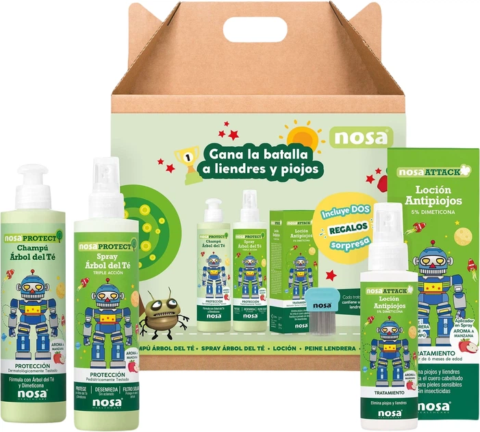 Zestaw przeciw wszawicy Nosa Attack o zapachu jabłkowym Lotion 100 ml + Szampon 250 ml + Spray 250 ml + Grzebień (8436536894479) - Zdjęcie 1 Zestaw przeciw wszawicy Nosa Attack o zapachu jabłkowym Lotion 100 ml + Szampon 250 ml + Spray 250 ml + Grzebień (8436536894479) - obraz 1