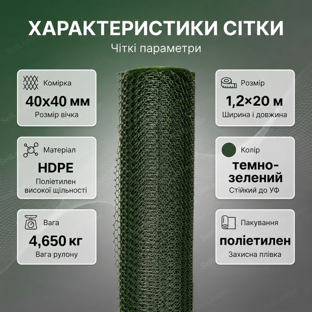 Сітка пластикова AgroStar 1,2х20м комірка 40х40мм для огорожі грядок саду дачі екструдована зелена - зображення 5