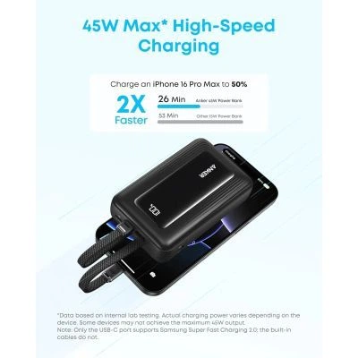Батарея универсальная Anker 20000mAh 45W Built-In Dual USB-C Cables Black (A1681H12) - Фото 3 Батарея универсальная Anker 20000mAh 45W Built-In Dual USB-C Cables Black (A1681H12) - изображение 3